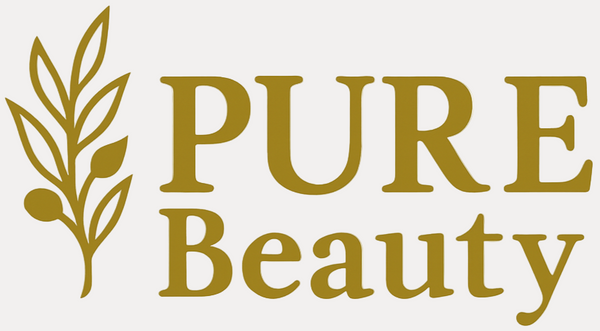 Gold 'PURE Beauty' logo with leaf design on a white background